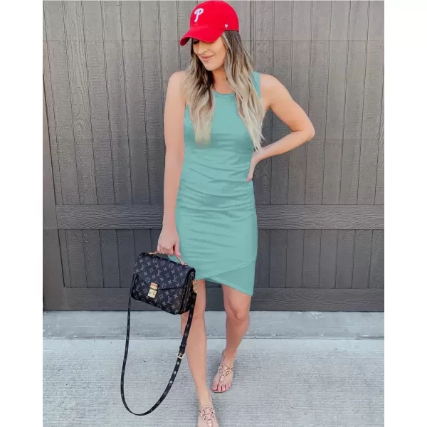 imageBTFBM Women 2024 Summer Sleeveless Tank Dresses Crew Neck Slim Fit Short Casual Ruched Bodycon Party Club Mini DressGreen
