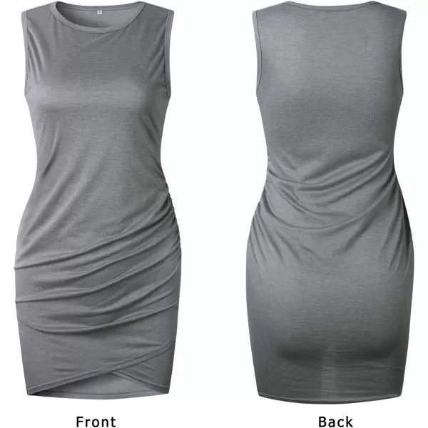 imageBTFBM Women 2024 Summer Sleeveless Tank Dresses Crew Neck Slim Fit Short Casual Ruched Bodycon Party Club Mini DressGrey