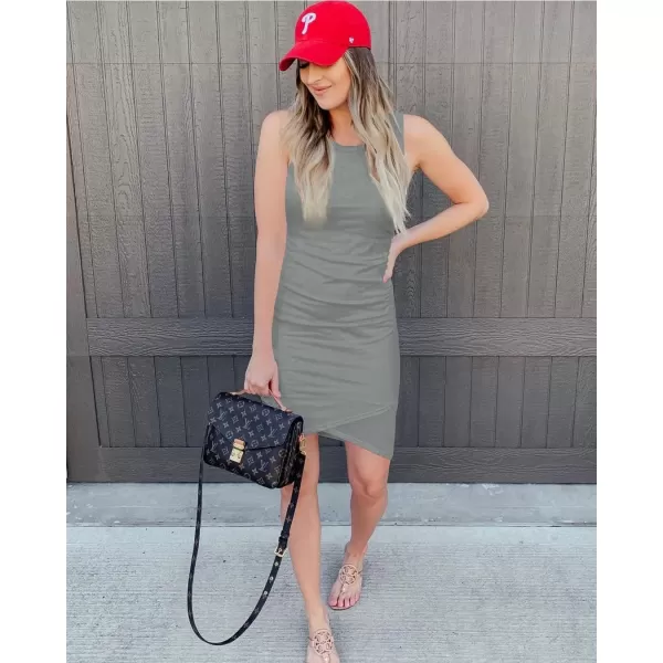 imageBTFBM Women 2024 Summer Sleeveless Tank Dresses Crew Neck Slim Fit Short Casual Ruched Bodycon Party Club Mini DressGrey