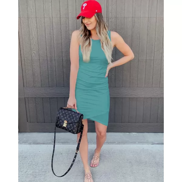 imageBTFBM Women 2024 Summer Sleeveless Tank Dresses Crew Neck Slim Fit Short Casual Ruched Bodycon Party Club Mini DressLake Blue
