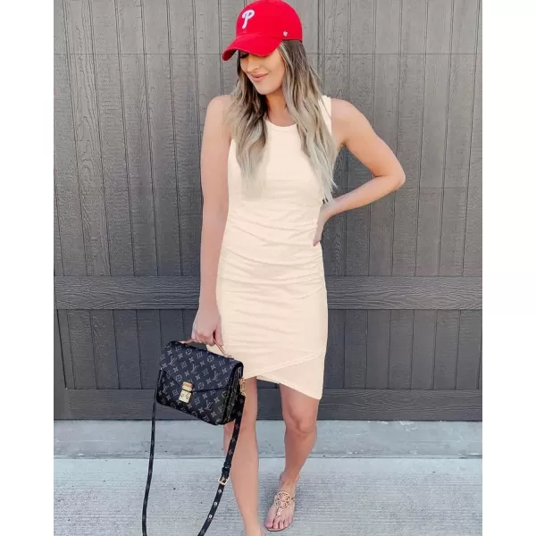 imageBTFBM Women 2024 Summer Sleeveless Tank Dresses Crew Neck Slim Fit Short Casual Ruched Bodycon Party Club Mini DressLight Apricot