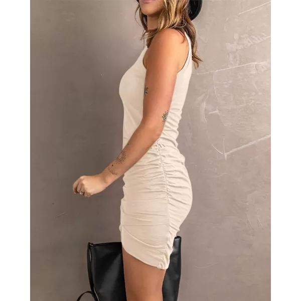 imageBTFBM Women 2024 Summer Sleeveless Tank Dresses Crew Neck Slim Fit Short Casual Ruched Bodycon Party Club Mini DressLight Apricot