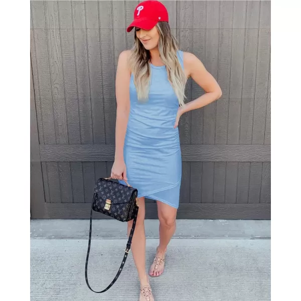 imageBTFBM Women 2024 Summer Sleeveless Tank Dresses Crew Neck Slim Fit Short Casual Ruched Bodycon Party Club Mini DressLight Blue