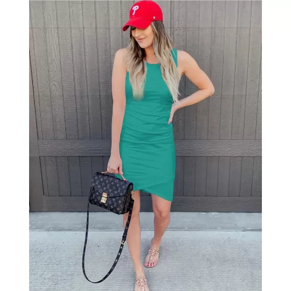 imageBTFBM Women 2024 Summer Sleeveless Tank Dresses Crew Neck Slim Fit Short Casual Ruched Bodycon Party Club Mini DressLight Green