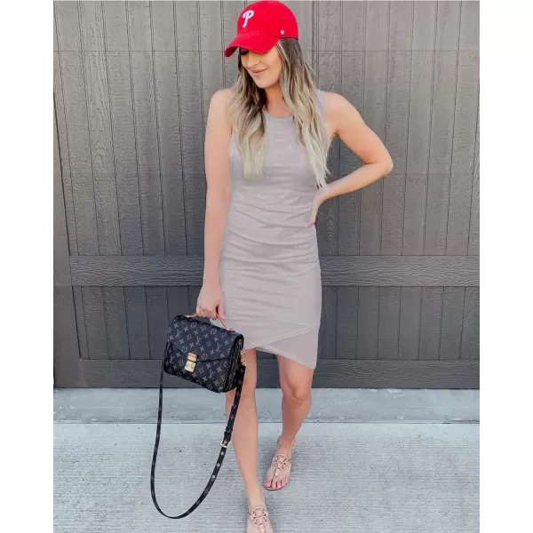 imageBTFBM Women 2024 Summer Sleeveless Tank Dresses Crew Neck Slim Fit Short Casual Ruched Bodycon Party Club Mini DressLight Grey