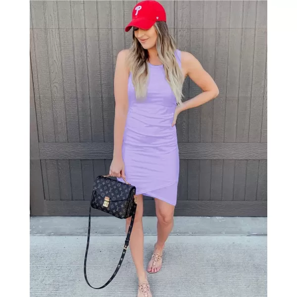 imageBTFBM Women 2024 Summer Sleeveless Tank Dresses Crew Neck Slim Fit Short Casual Ruched Bodycon Party Club Mini DressLight Purple