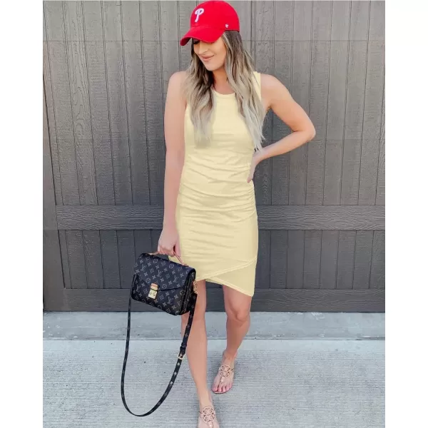 imageBTFBM Women 2024 Summer Sleeveless Tank Dresses Crew Neck Slim Fit Short Casual Ruched Bodycon Party Club Mini DressLight Yellow