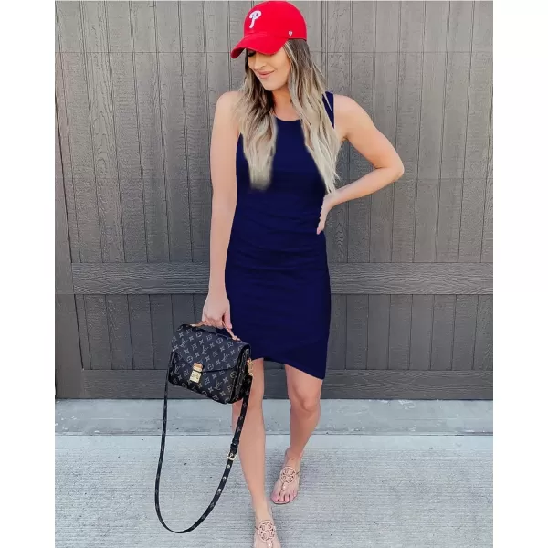 imageBTFBM Women 2024 Summer Sleeveless Tank Dresses Crew Neck Slim Fit Short Casual Ruched Bodycon Party Club Mini DressNavy