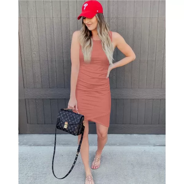 imageBTFBM Women 2024 Summer Sleeveless Tank Dresses Crew Neck Slim Fit Short Casual Ruched Bodycon Party Club Mini DressPink