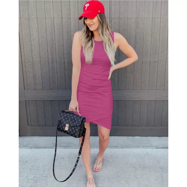 imageBTFBM Women 2024 Summer Sleeveless Tank Dresses Crew Neck Slim Fit Short Casual Ruched Bodycon Party Club Mini DressPurple Red