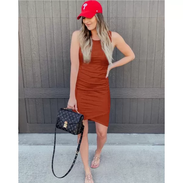 imageBTFBM Women 2024 Summer Sleeveless Tank Dresses Crew Neck Slim Fit Short Casual Ruched Bodycon Party Club Mini DressRed Khaki