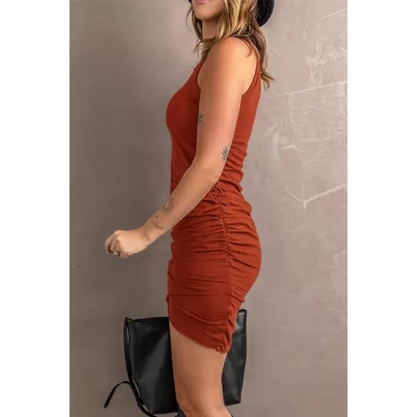 imageBTFBM Women 2024 Summer Sleeveless Tank Dresses Crew Neck Slim Fit Short Casual Ruched Bodycon Party Club Mini DressRed Khaki