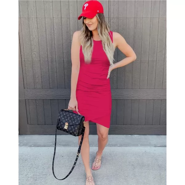 imageBTFBM Women 2024 Summer Sleeveless Tank Dresses Crew Neck Slim Fit Short Casual Ruched Bodycon Party Club Mini DressRose Red