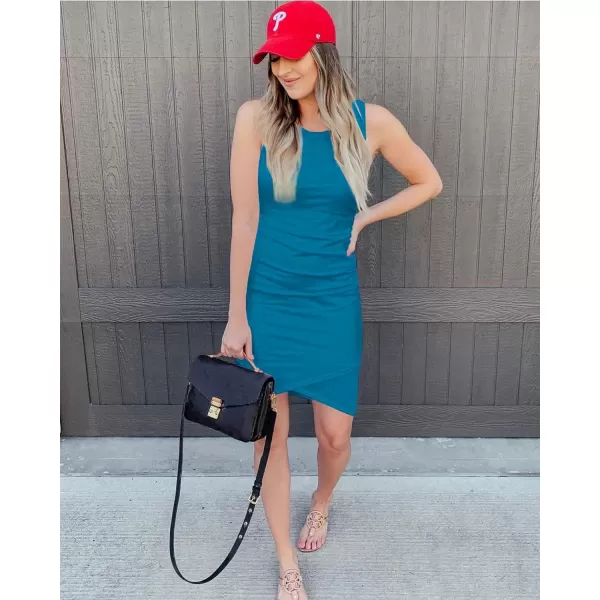 imageBTFBM Women 2024 Summer Sleeveless Tank Dresses Crew Neck Slim Fit Short Casual Ruched Bodycon Party Club Mini DressSky Blue