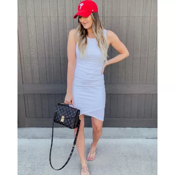 imageBTFBM Women 2024 Summer Sleeveless Tank Dresses Crew Neck Slim Fit Short Casual Ruched Bodycon Party Club Mini DressWhite