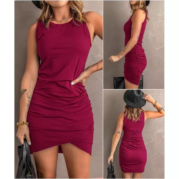 imageBTFBM Women 2024 Summer Sleeveless Tank Dresses Crew Neck Slim Fit Short Casual Ruched Bodycon Party Club Mini DressWine Red