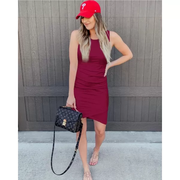 imageBTFBM Women 2024 Summer Sleeveless Tank Dresses Crew Neck Slim Fit Short Casual Ruched Bodycon Party Club Mini DressWine Red