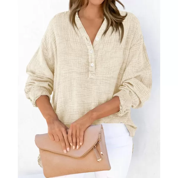 imageBTFBM Women Button Down Long Sleeve Shirts Tops V Neck Side Slit Loose Blouses Dressy Casual Textured Cotton Shirt TopSolid Beige
