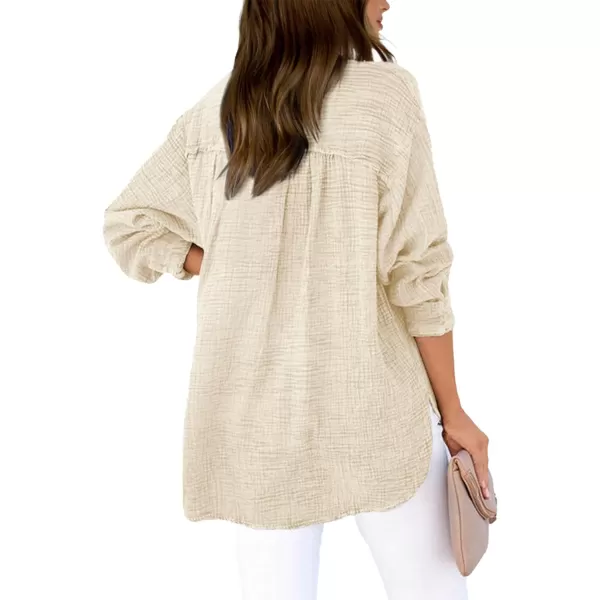 imageBTFBM Women Button Down Long Sleeve Shirts Tops V Neck Side Slit Loose Blouses Dressy Casual Textured Cotton Shirt TopSolid Beige