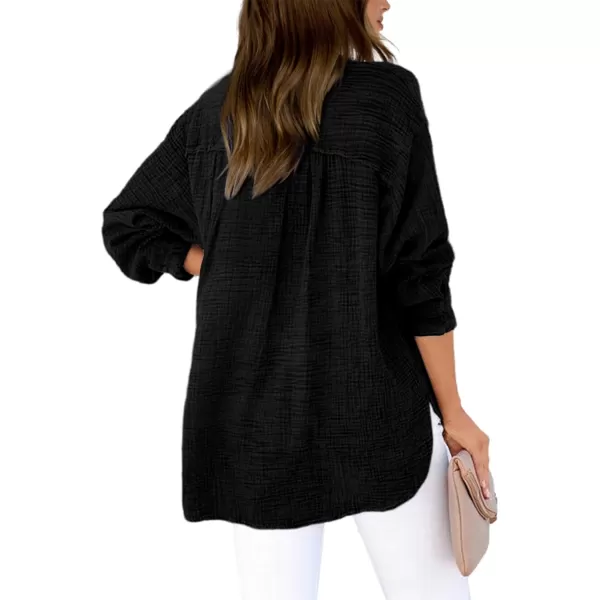 imageBTFBM Women Button Down Long Sleeve Shirts Tops V Neck Side Slit Loose Blouses Dressy Casual Textured Cotton Shirt TopSolid Black