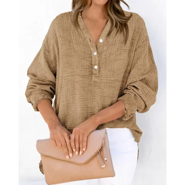 imageBTFBM Women Button Down Long Sleeve Shirts Tops V Neck Side Slit Loose Blouses Dressy Casual Textured Cotton Shirt TopSolid Brown