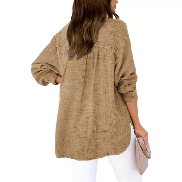 imageBTFBM Women Button Down Long Sleeve Shirts Tops V Neck Side Slit Loose Blouses Dressy Casual Textured Cotton Shirt TopSolid Brown