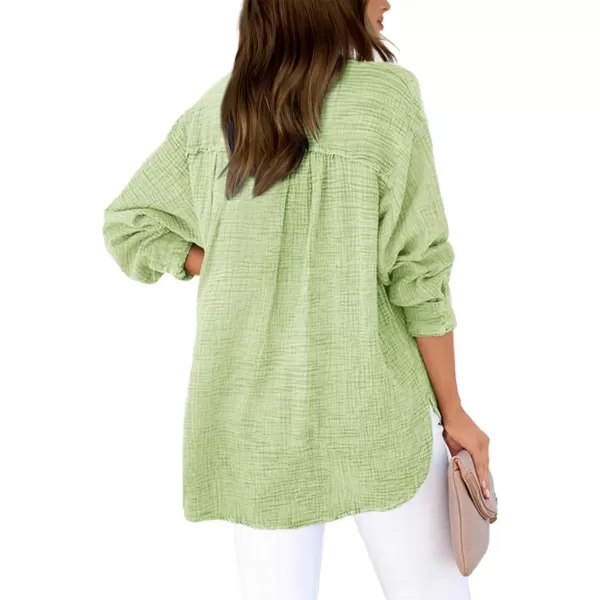 imageBTFBM Women Button Down Long Sleeve Shirts Tops V Neck Side Slit Loose Blouses Dressy Casual Textured Cotton Shirt TopSolid Green