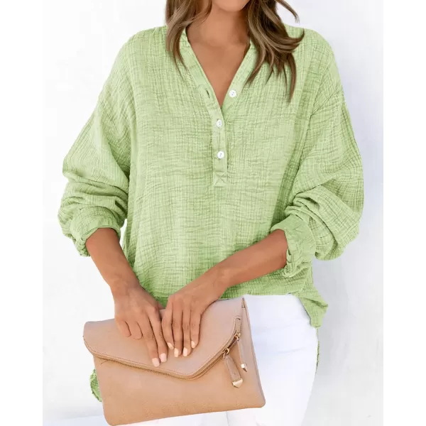 imageBTFBM Women Button Down Long Sleeve Shirts Tops V Neck Side Slit Loose Blouses Dressy Casual Textured Cotton Shirt TopSolid Green