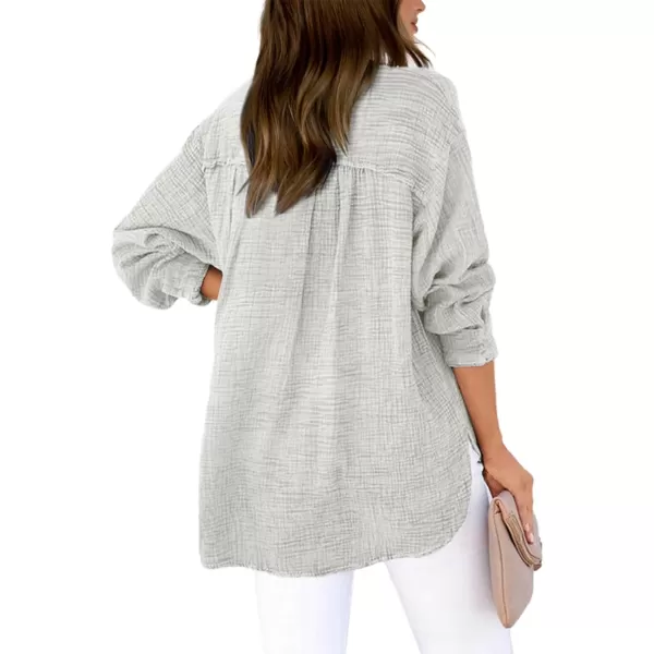 imageBTFBM Women Button Down Long Sleeve Shirts Tops V Neck Side Slit Loose Blouses Dressy Casual Textured Cotton Shirt TopSolid Grey