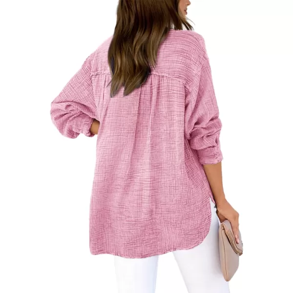 imageBTFBM Women Button Down Long Sleeve Shirts Tops V Neck Side Slit Loose Blouses Dressy Casual Textured Cotton Shirt TopSolid Pink