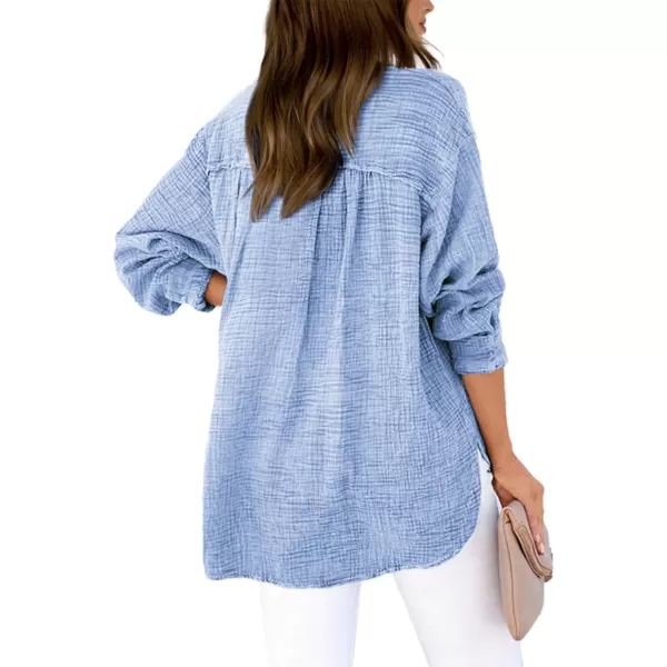 imageBTFBM Women Button Down Long Sleeve Shirts Tops V Neck Side Slit Loose Blouses Dressy Casual Textured Cotton Shirt TopSolid Sky Blue