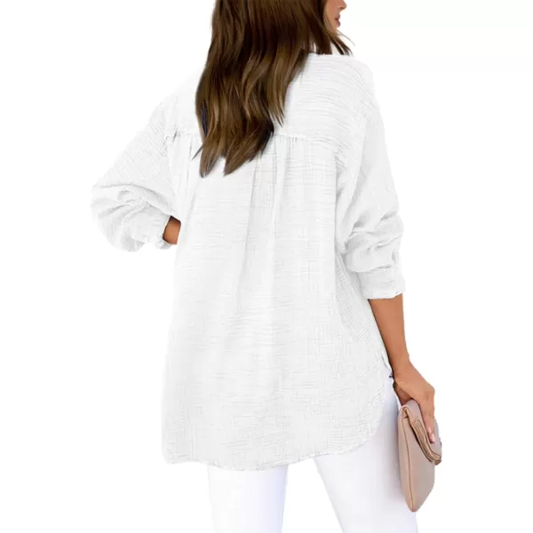 imageBTFBM Women Button Down Long Sleeve Shirts Tops V Neck Side Slit Loose Blouses Dressy Casual Textured Cotton Shirt TopSolid White