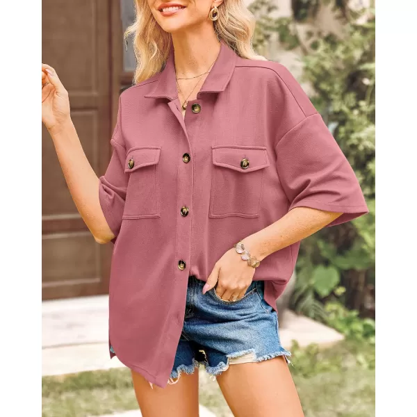 imageBTFBM Women Button Down Shirts Summer Casual Short Sleeve Side Slit High Low Hem Loose Fit Collared Shirt Blouse TopSolid Bean Paste Red