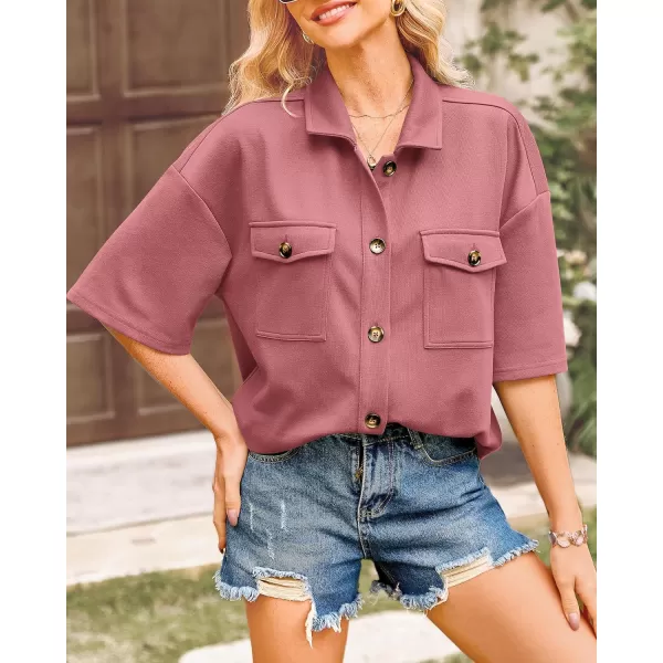imageBTFBM Women Button Down Shirts Summer Casual Short Sleeve Side Slit High Low Hem Loose Fit Collared Shirt Blouse TopSolid Bean Paste Red