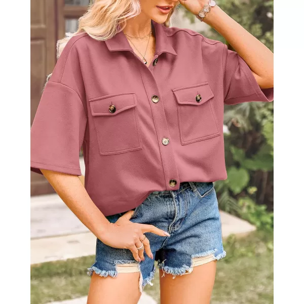 imageBTFBM Women Button Down Shirts Summer Casual Short Sleeve Side Slit High Low Hem Loose Fit Collared Shirt Blouse TopSolid Bean Paste Red