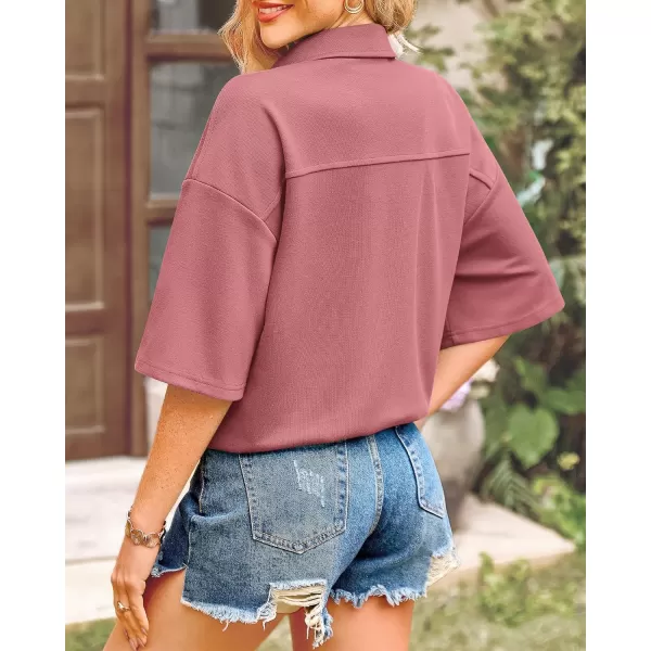 imageBTFBM Women Button Down Shirts Summer Casual Short Sleeve Side Slit High Low Hem Loose Fit Collared Shirt Blouse TopSolid Bean Paste Red