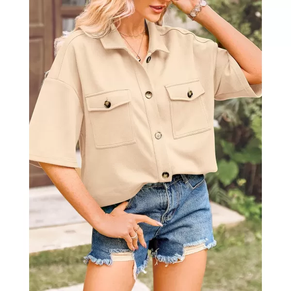 imageBTFBM Women Button Down Shirts Summer Casual Short Sleeve Side Slit High Low Hem Loose Fit Collared Shirt Blouse TopSolid Beige Yellow