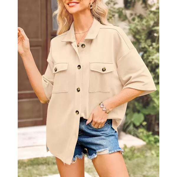 imageBTFBM Women Button Down Shirts Summer Casual Short Sleeve Side Slit High Low Hem Loose Fit Collared Shirt Blouse TopSolid Beige Yellow