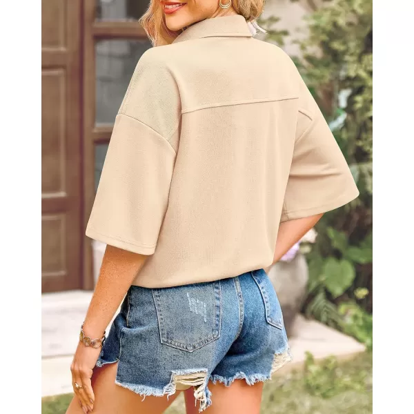 imageBTFBM Women Button Down Shirts Summer Casual Short Sleeve Side Slit High Low Hem Loose Fit Collared Shirt Blouse TopSolid Beige Yellow