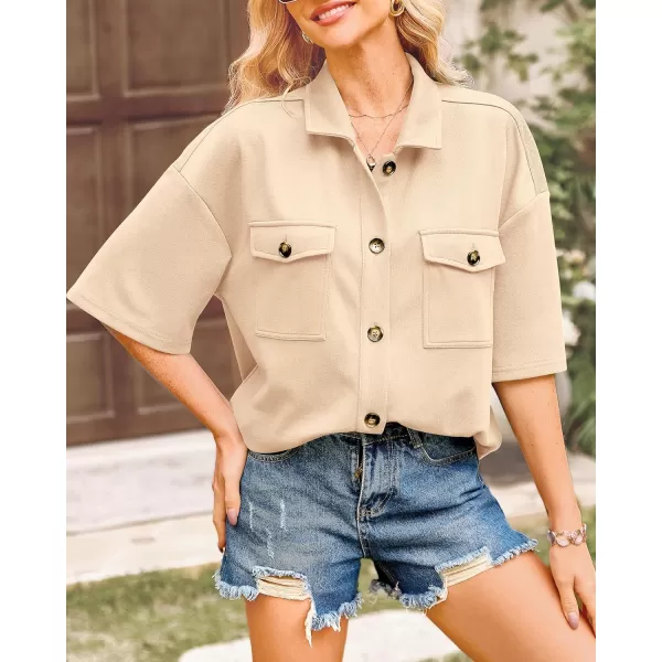imageBTFBM Women Button Down Shirts Summer Casual Short Sleeve Side Slit High Low Hem Loose Fit Collared Shirt Blouse TopSolid Beige Yellow