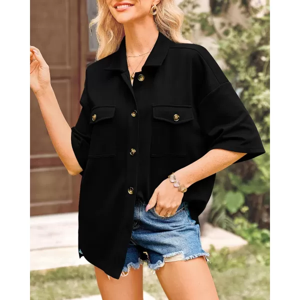 imageBTFBM Women Button Down Shirts Summer Casual Short Sleeve Side Slit High Low Hem Loose Fit Collared Shirt Blouse TopSolid Black