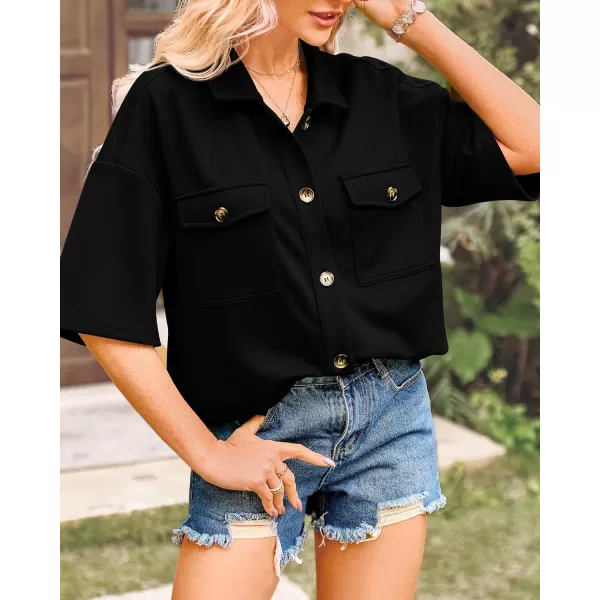 imageBTFBM Women Button Down Shirts Summer Casual Short Sleeve Side Slit High Low Hem Loose Fit Collared Shirt Blouse TopSolid Black