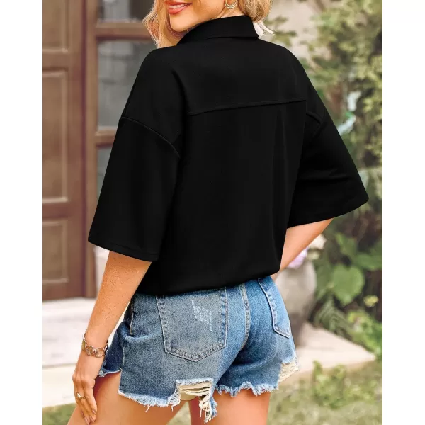 imageBTFBM Women Button Down Shirts Summer Casual Short Sleeve Side Slit High Low Hem Loose Fit Collared Shirt Blouse TopSolid Black