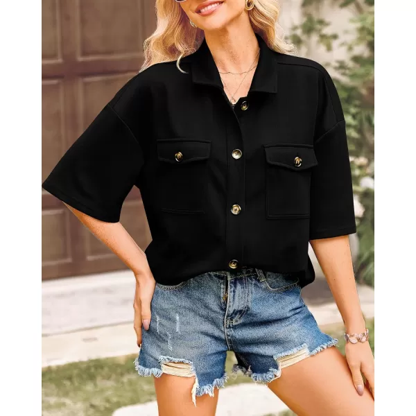 imageBTFBM Women Button Down Shirts Summer Casual Short Sleeve Side Slit High Low Hem Loose Fit Collared Shirt Blouse TopSolid Black