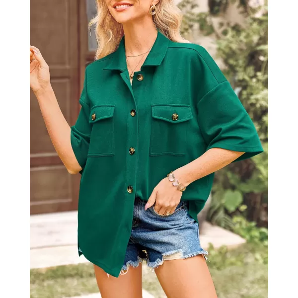 imageBTFBM Women Button Down Shirts Summer Casual Short Sleeve Side Slit High Low Hem Loose Fit Collared Shirt Blouse TopSolid Dark Green