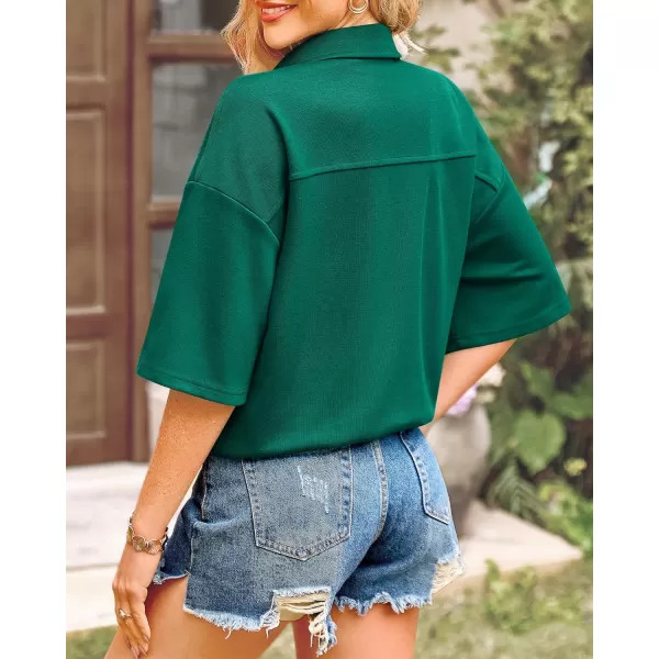 imageBTFBM Women Button Down Shirts Summer Casual Short Sleeve Side Slit High Low Hem Loose Fit Collared Shirt Blouse TopSolid Dark Green