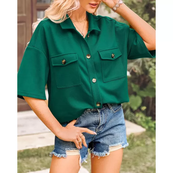 imageBTFBM Women Button Down Shirts Summer Casual Short Sleeve Side Slit High Low Hem Loose Fit Collared Shirt Blouse TopSolid Dark Green