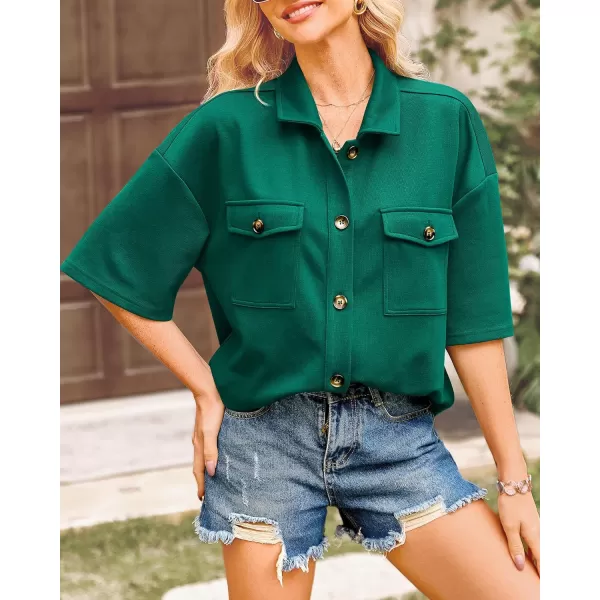 imageBTFBM Women Button Down Shirts Summer Casual Short Sleeve Side Slit High Low Hem Loose Fit Collared Shirt Blouse TopSolid Dark Green