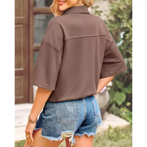 imageBTFBM Women Button Down Shirts Summer Casual Short Sleeve Side Slit High Low Hem Loose Fit Collared Shirt Blouse TopSolid Dark Khaki