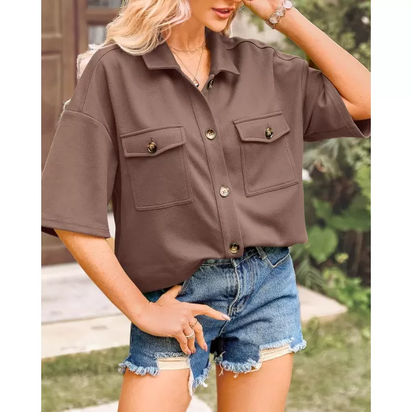 imageBTFBM Women Button Down Shirts Summer Casual Short Sleeve Side Slit High Low Hem Loose Fit Collared Shirt Blouse TopSolid Dark Khaki